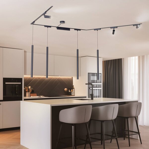 Sistema a binario Lumaro, faretti, sospensione, 7 luci, nero, 48V, dimmer Lumaro 48V Lindby, dimmerabile, Nero, Soggiorno / Sala da pranzo, Alluminio, Moderno