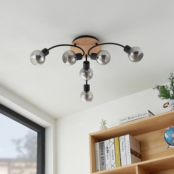 Plafoniera Lindby, Eridia, dimmerabile, Legno, Soggiorno, Vetro, Moderno