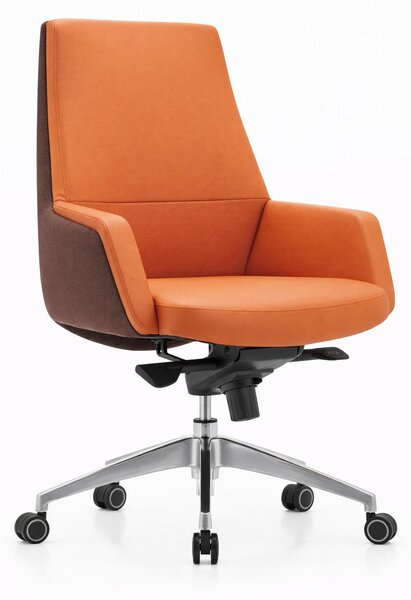 Poltrona da ufficio ergonomica nei colori arancione e marrone con struttura in metallo