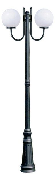 Lampione da giardino con 2 luci su palo altezza 230 cm IP44 struttura in alluminio verniciato sfera opaca plastica colore nero 100W cadauna