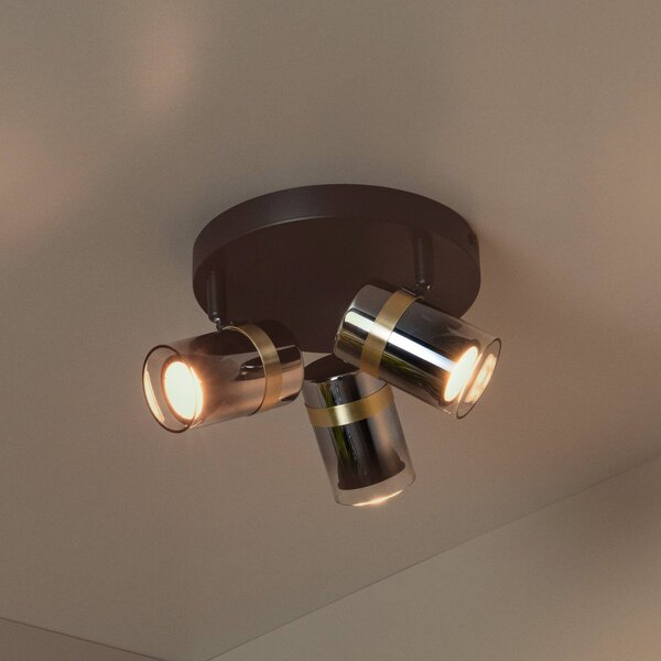 Lucide Faretto da soffitto Upton, Ø 31 cm, nero/grigio fumo, a 3 luci. dimmerabile, Nero, Soggiorno / Sala da pranzo, Vetro, Moderno, Faretto alogeno