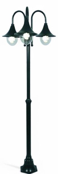 Lampione da giardino tre luci su palo alluminio verniciato nero altezza 230 cm sfere in policarbonato IP44 3x100W