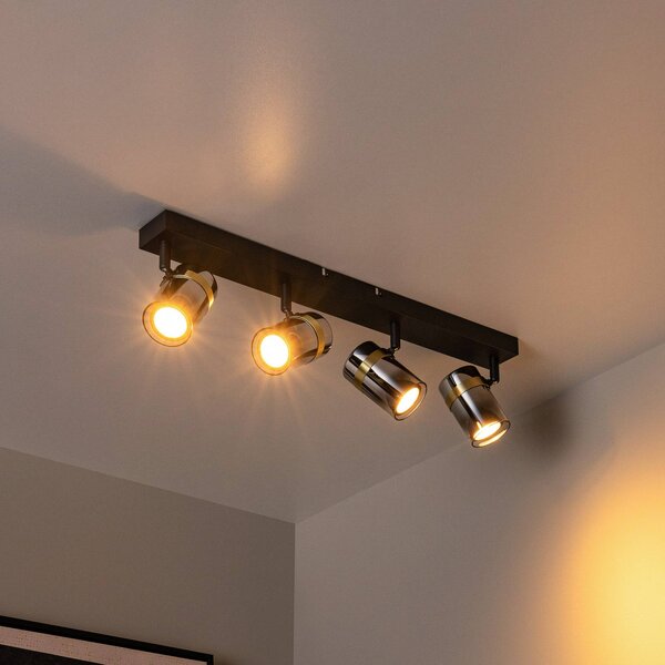 Lucide Faretto da soffitto Upton, lunghezza 56 cm, nero/grigio fumo, a 4 luci. dimmerabile, Nero, Soggiorno / Sala da pranzo, Vetro, Moderno, Faretto alogeno