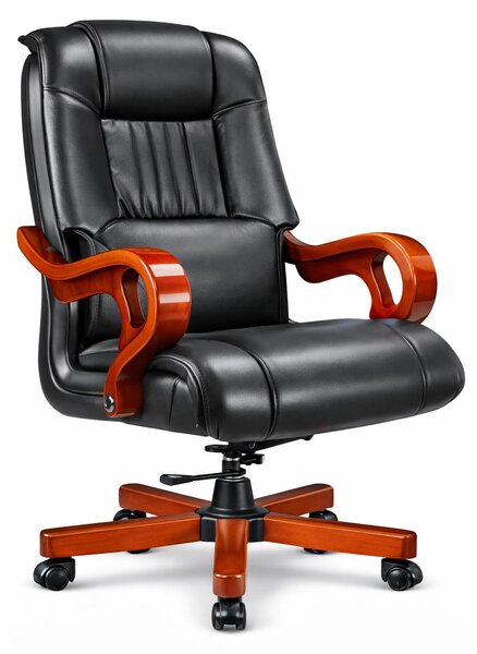 Elegante poltrona da ufficio in pelle nera con braccioli in legno e base girevole