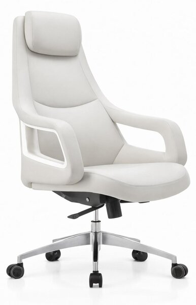 Poltrona da ufficio ergonomica, rivestita in pelle bianca e con struttura in alluminio