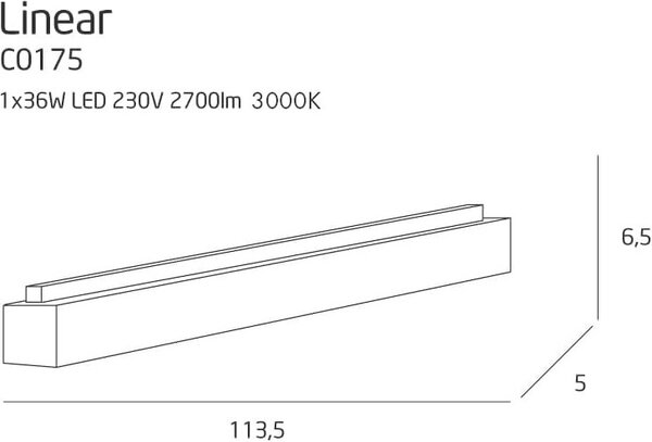 Lampada da soffitto a LED LINEAR 36W 4000K 2700lm in metallo nero, dimensioni: 6,5 x 113,5 x 5 cm, IP20, Maxlight