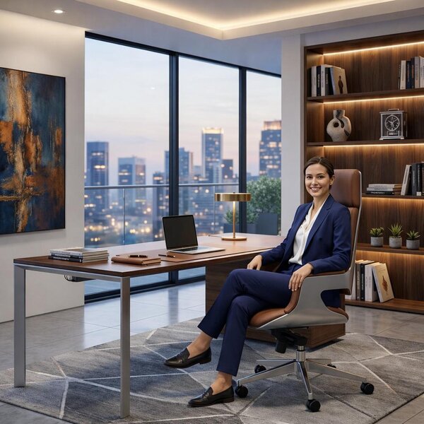 Poltrona da ufficio ergonomica con rivestimento in pelle marrone e braccioli