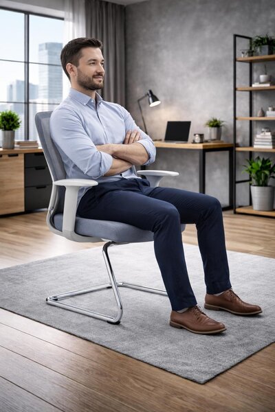 Sedia da ufficio grigia, dal design ergonomico, con schienale a rete e struttura cromata