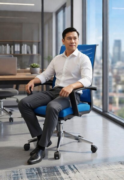 Sedia da ufficio blu con schienale ergonomico e struttura robusta