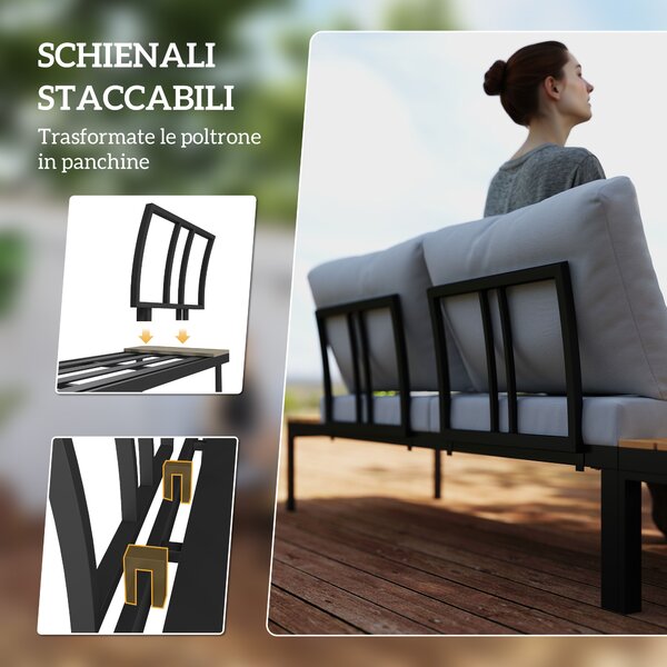 Outsunny Set da Giardino 4 Pezzi con 2 Divanetti 2 Posti e 2 Tavolini in Metallo e Legno Composito, Grigio Nero e Teak