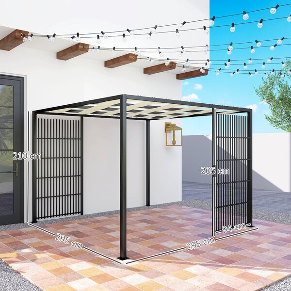 Outsunny Pergola per Esterno 3x3 m con Copertura Ondulata e Pannelli Laterali, in Metallo e Poliestere Nero