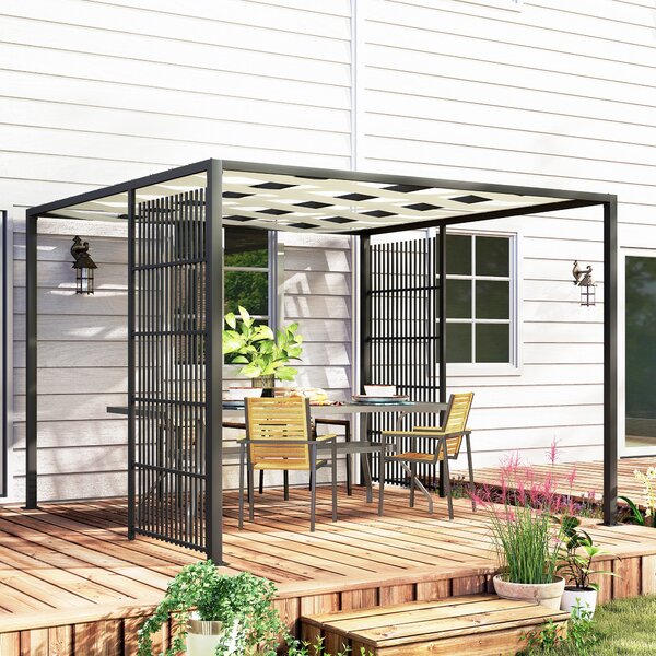 Outsunny Pergola per Esterno 3x3 m con Copertura Ondulata e Pannelli Laterali, in Metallo e Poliestere Nero