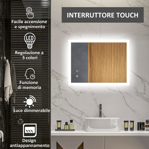 Kleankin Specchio Bagno con Luci LED Regolabili, Controllo Touch e Antiappannamento, 70x50 cm
