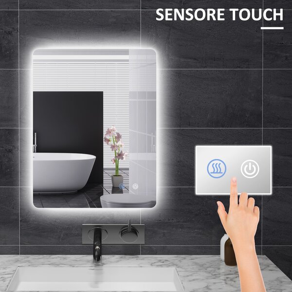 Kleankin Specchio Bagno con Luci LED Regolabili, Interruttori Touch e Funzione Antiappannamento, 70x50 cm