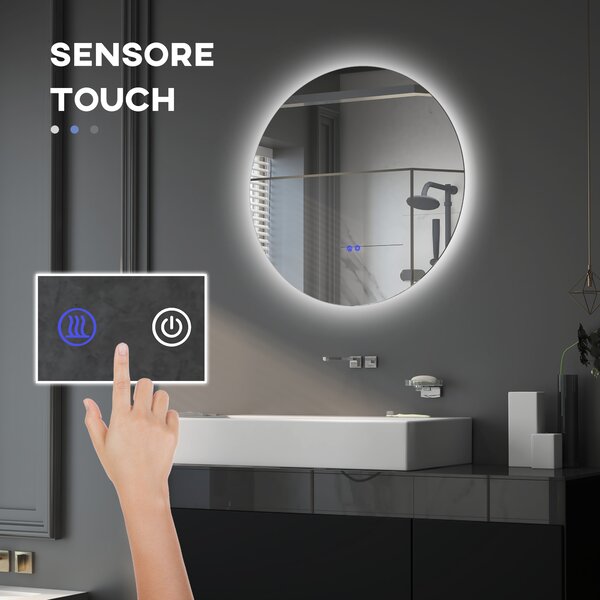 Kleankin Specchio Bagno a Parete con Luci LED Regolabili, Interruttori Touch e Design Antiappannamento, Metallo e Vetro, Ø70x3.5 cm | Aosom Italy