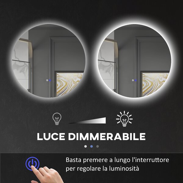 Kleankin Specchio Bagno a Parete con Luci LED Regolabili, Interruttori Touch e Design Antiappannamento, Metallo e Vetro, Ø70x3.5 cm | Aosom Italy