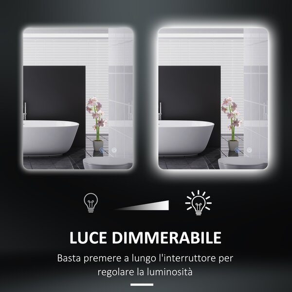 Kleankin Specchio Bagno con Luci LED Regolabili, Interruttori Touch e Funzione Antiappannamento, 70x50 cm