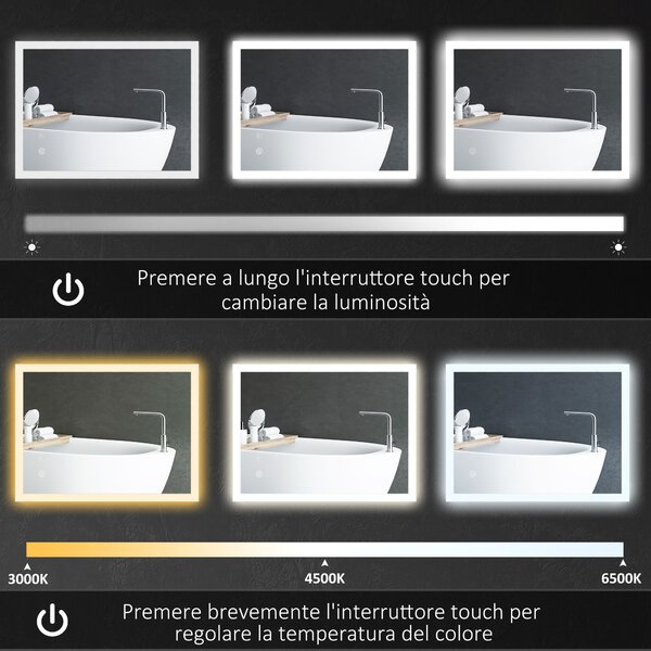 Kleankin Specchio Bagno con Luci LED Regolabili, Controllo Touch e Antiappannamento, 70x50 cm