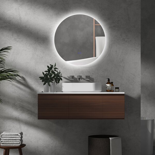 Kleankin Specchio Bagno a Parete con Luci LED Regolabili, Interruttori Touch e Design Antiappannamento, Metallo e Vetro, Ø70x3.5 cm | Aosom Italy