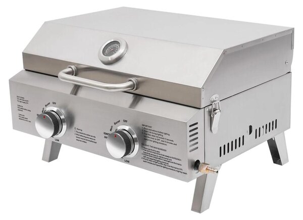 Griglia a gas portatile da tavolo – Griglia barbecue pieghevole – Doppio bruciatore – Termometro – Acciaio inossidabile, ideale per campeggio e terrazza – Argento