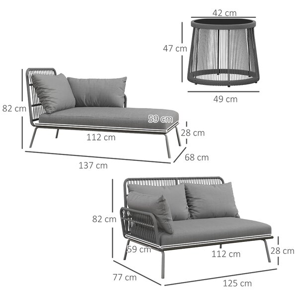 Outsunny Set da Giardino in Rattan PE Stile Boho, Divano 2 Posti con Chaise Longue e Tavolino, Grigio Chiaro