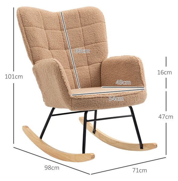 HOMCOM Poltrona a Dondolo Imbottita in Legno e Acciaio con Rivestimento Bouclé, 71x98x101 cm, Marrone