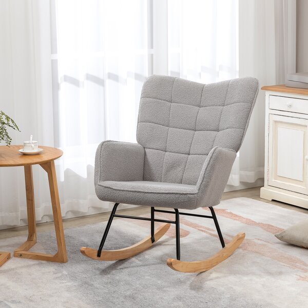 HOMCOM Poltrona a Dondolo Imbottita in Legno e Acciaio con Rivestimento Bouclé, 71x98x101 cm, Grigio
