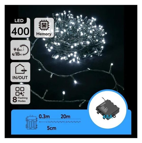 Aigostar - Catena luminosa natalizia LED da esterno 400xLED/8 funzioni 4xAA 20,3 m bianco freddo