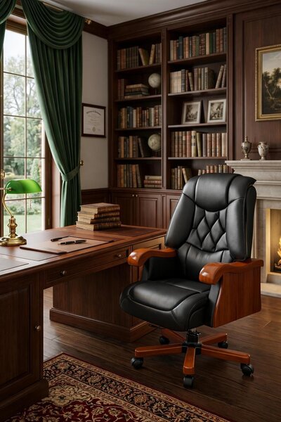 Elegante sedia da ufficio per chef, realizzata in pelle nera, con braccioli regolabili