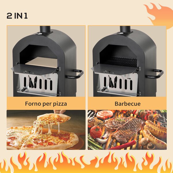Outsunny Forno per Pizza e Barbecue a Carbone Portatile in Acciaio con Camino e Ruote, Nero|Aosom