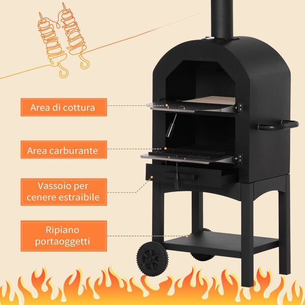 Outsunny Forno per Pizza e Barbecue a Carbone Portatile in Acciaio con Camino e Ruote, Nero|Aosom