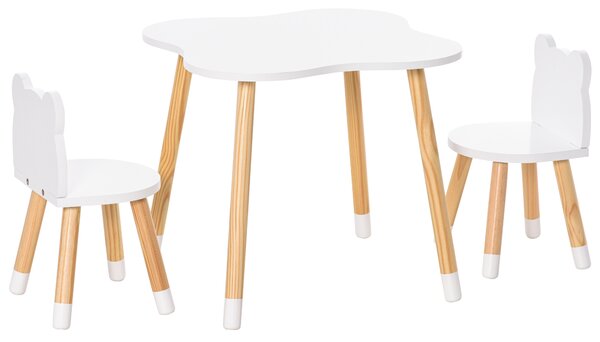HOMCOM Set Tavolino con 2 Sedie per Bambini a Forma di Orsetto in Legno, Bianco
