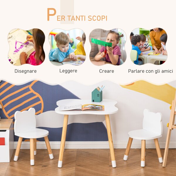 HOMCOM Set Tavolino e Sedie per Bambini in Legno a Forma di Orsetto Bianco per Gioco e Studio con Design Adorabile e Stile Moderno|Aosom