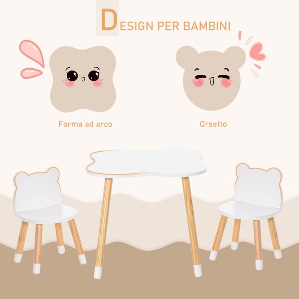 HOMCOM Set Tavolino e Sedie per Bambini in Legno a Forma di Orsetto Bianco per Gioco e Studio con Design Adorabile e Stile Moderno|Aosom