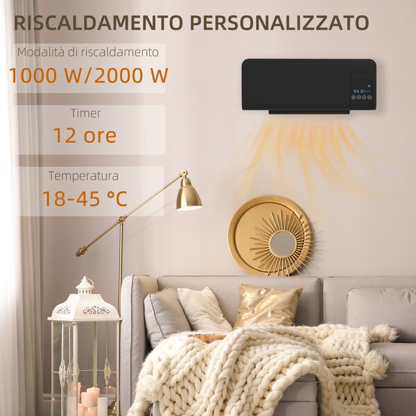HOMCOM Termoventilatore da Parete Oscillante con Telecomando, Timer 12h e 2 Modalità, Nero