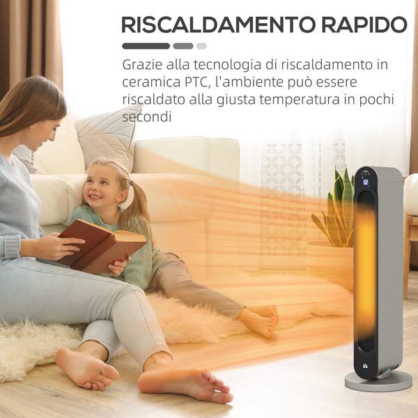 HOMCOM Stufa Elettrica Oscillante a 3 Modalità, Temperatura Regolabile e Telecomando, Ø25x73.5 cm, Argento|Aosom