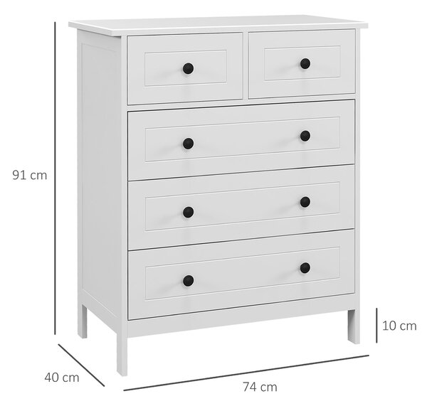 HOMCOM Cassettiera con 5 Cassetti in Legno Salvaspazio e Antiribaltamento, 74x40x91cm, Bianco