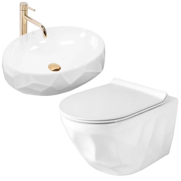 Set vaso WC sospeso REA Gustavo Rimless + lavabo da appoggio Maya