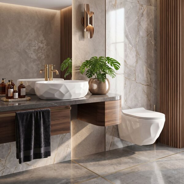 Set vaso WC sospeso REA Gustavo Rimless + lavabo da appoggio Maya