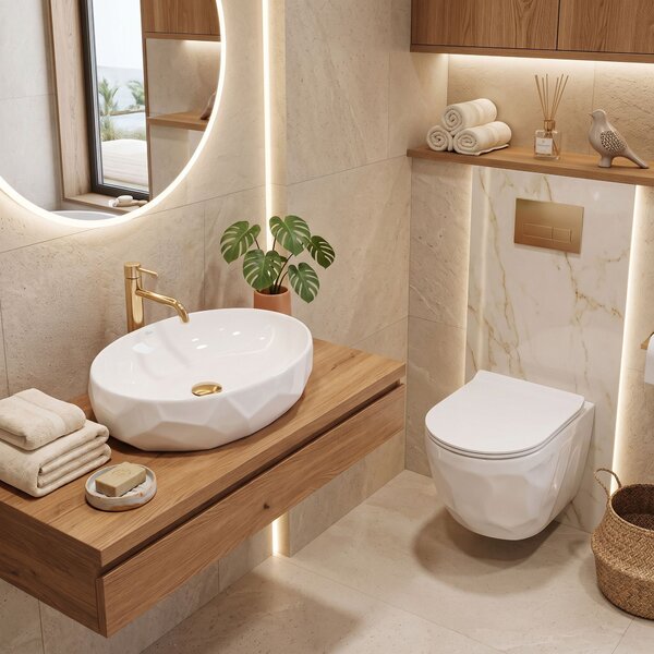 Set vaso WC sospeso REA Gustavo Rimless + lavabo da appoggio Maya