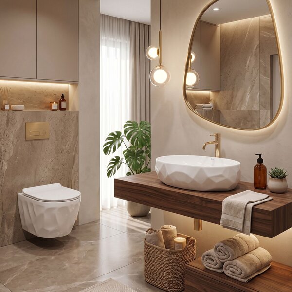 Set vaso WC sospeso REA Gustavo Rimless + lavabo da appoggio Maya