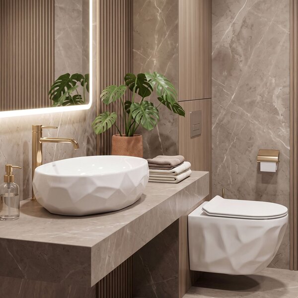 Set vaso WC sospeso REA Gustavo Rimless + lavabo da appoggio Maya