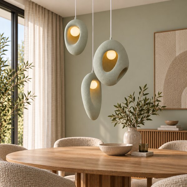 Lampada a sospensione Japandi bianca con paralumi organici verde chiaro 3 luci - Moonstone