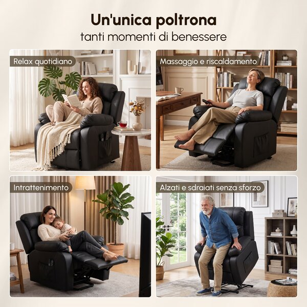 HOMCOM Poltrona Reclinabile con Massaggio e Riscaldamento, Poltrona Alzapersona Elettrica con Poggiatesta Regolabile e USB, in PU, Nero | Aosom Italy