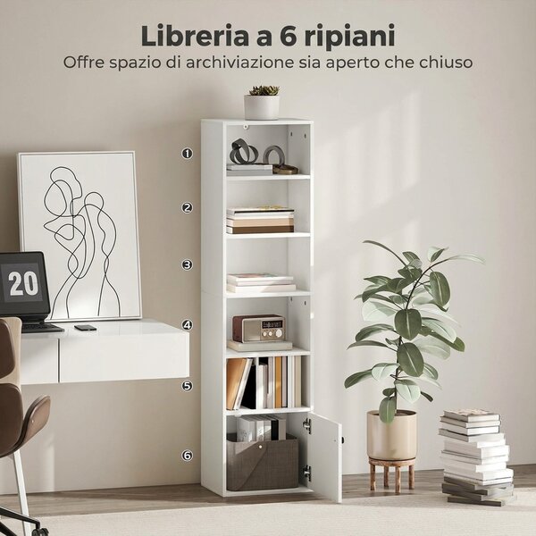 HOMCOM Libreria Verticale a 6 Livelli con Armadietto, per Soggiorno Camera da Letto Ufficio, 40x30x156 cm, Bianco | Aosom Italy