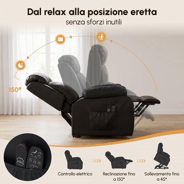 HOMCOM Poltrona Reclinabile con Massaggio e Riscaldamento, Poltrona Alzapersona Elettrica con Poggiatesta Regolabile e USB, in PU, Nero | Aosom Italy