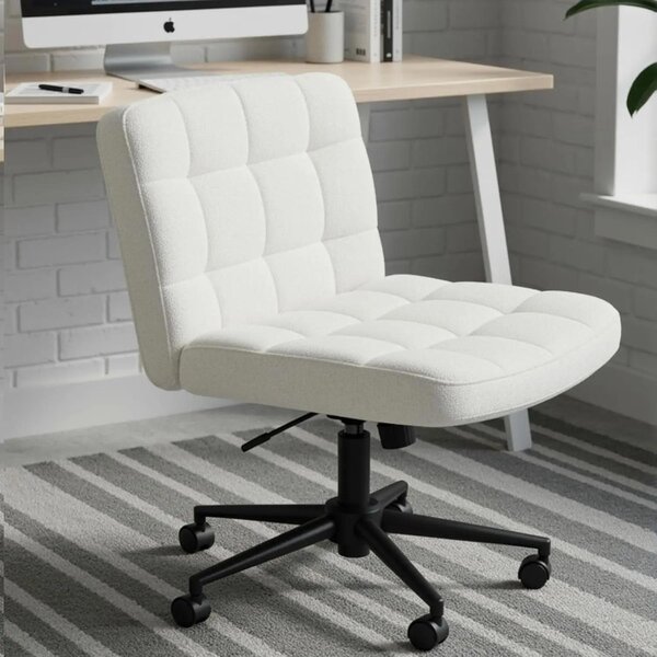 Sedia da ufficio per la posizione a gambe incrociate - Sedia girevole da scrivania - Seduta ampia - Imbottitura ergonomica - Regolabile in altezza - Con rotelle - Con braccioli - Colore: bianco sherpa