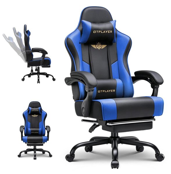 Sedia da gaming - Sedia da ufficio ergonomica con poggiapiedi, poggiatesta e supporto lombare - Regolabile in altezza e girevole - Rivestita in ecopelle con rotelle - Blu