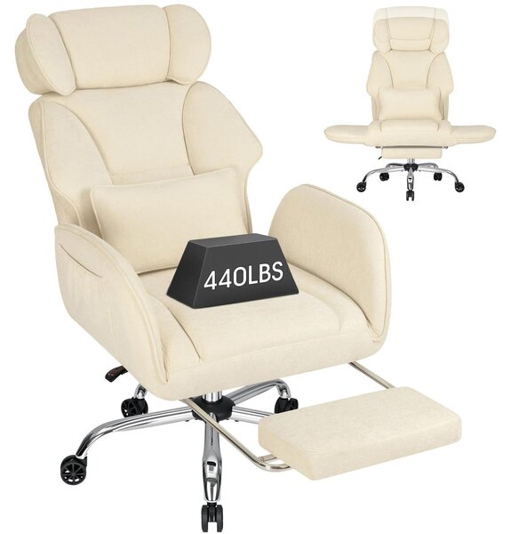 Sedia da ufficio - Sedia ergonomica per scrivania - Portata massima di 200 kg - Seduta ampia per la posizione a gambe incrociate - Rotella e base girevole - Braccioli pieghevoli - Poggiapiedi - Tessuto beige