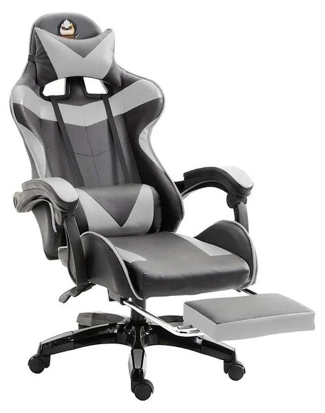 Sedia da gaming - Sedia da ufficio - Ergonomica, con regolazione dell'altezza - Funzione reclinabile regolabile - Rotella girevole - Rivestita in ecopelle, con orecchie da gatto e cuscino - Grigia